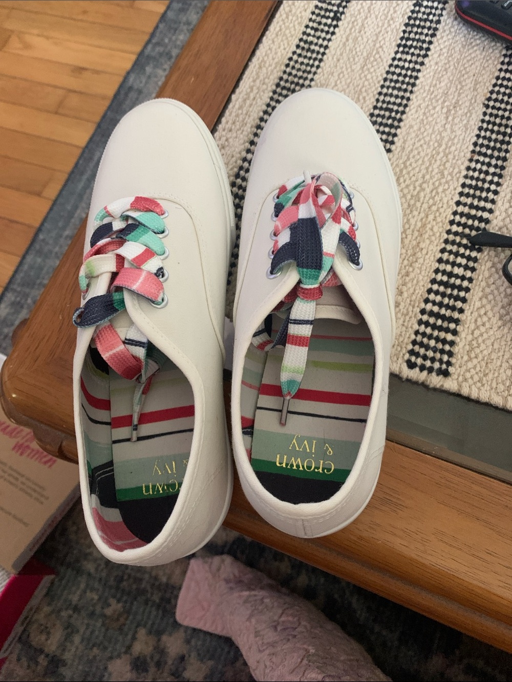 crown & ivy White Sneakers with Multi-Color Striped Laces